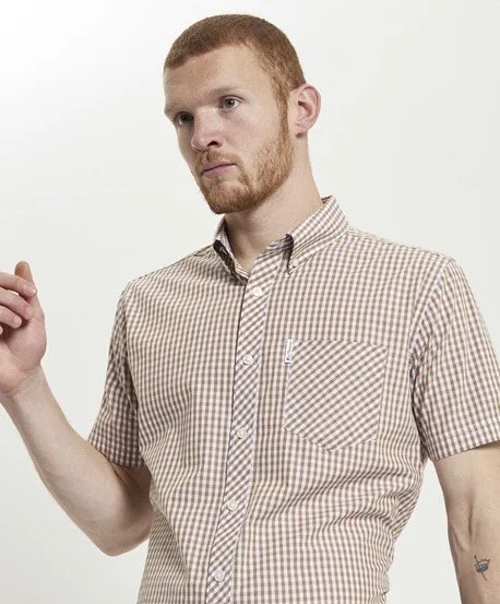 SIZE XL & XXL ONLY- BEN SHERMAN S/S Gingham Check Shirt- CARAMEL