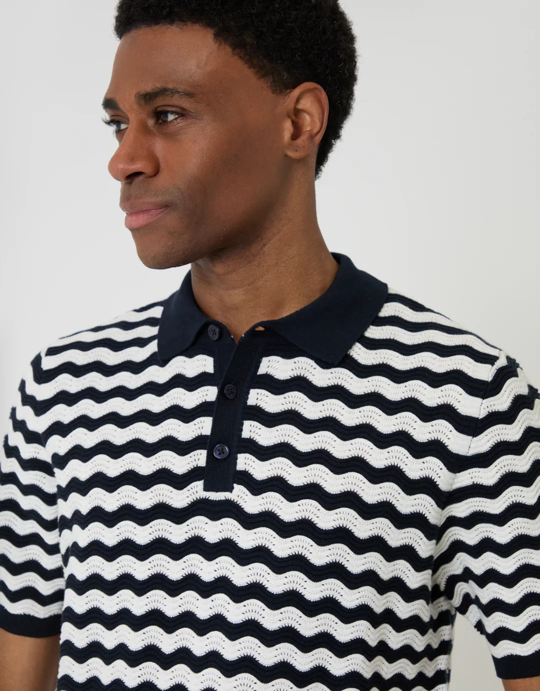 "ARCADIAN" Perforated Stripe Knit Polo- NAVY