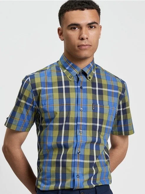 BEN SHERMAN Premium S/S Bold Check Shirt- GREEN