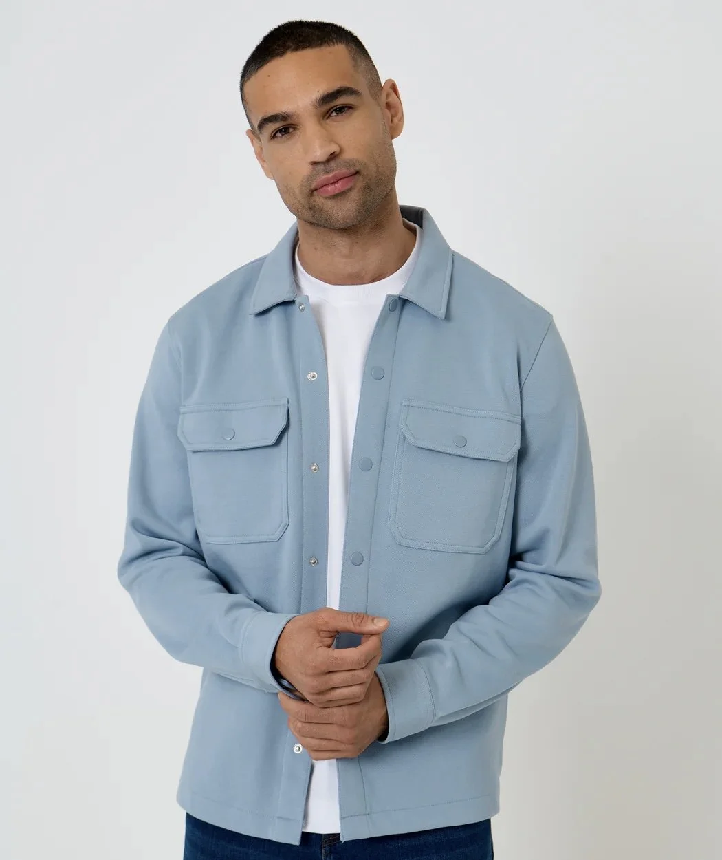 "ARCADIAN" Popper-Button Pique Shacket- SKY BLUE