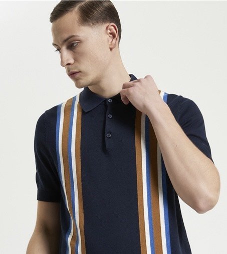 SIZE MEDIUM ONLY- BEN SHERMAN Vertical Stripe Knit Polo- NAVY