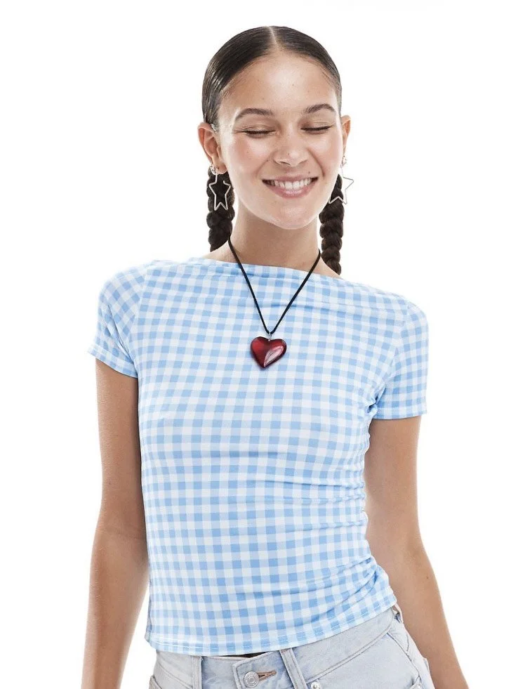 MISS ARCADE Round-Neck Gingham Tee- BLUE