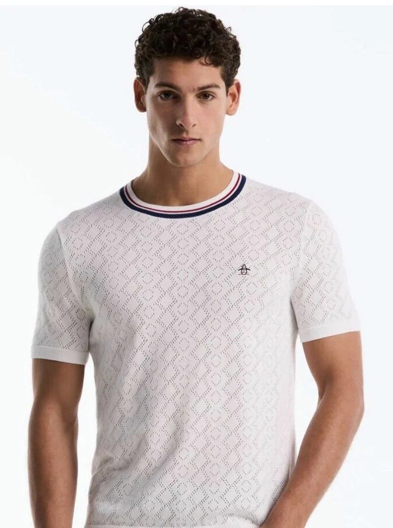 ORIGINAL PENGUIN Premium Crew Neck Crochet Top- WHITE