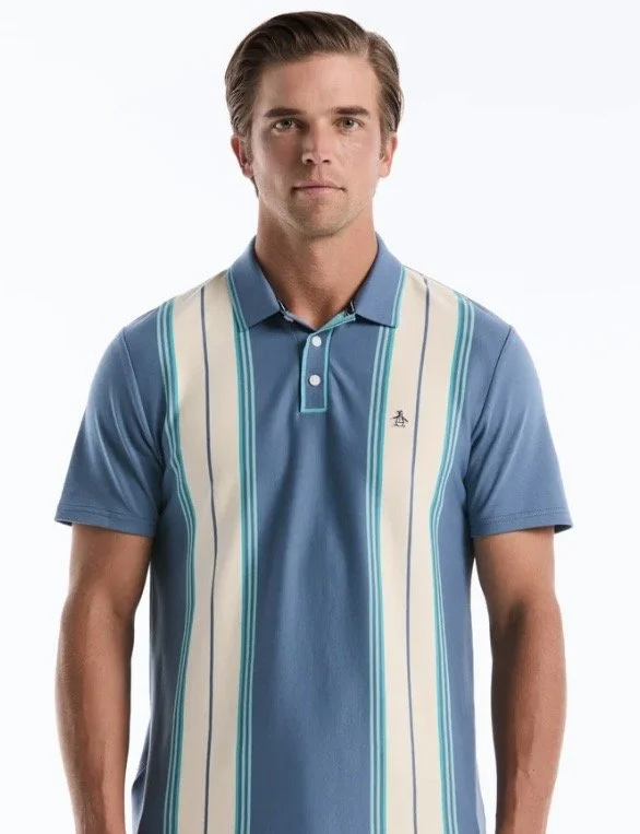ORIGINAL PENGUIN Jacquard Stripe-Panel Polo- BLUE