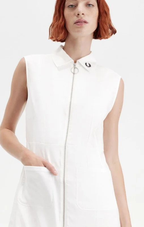 SIZE 16 ONLY- FRED PERRY Premium Zip-Thru Shirt Dress- SNOW WHITE