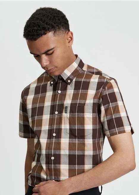 BEN SHERMAN Premium S/S Bold Check Shirt- BROWN
