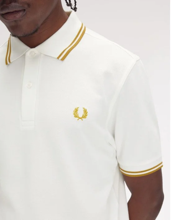 SIZE XL ONLY- FRED PERRY M3600 Twin-Tipped Polo- SNOW WHITE/GOLD