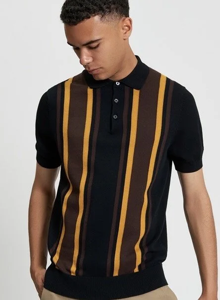 BEN SHERMAN College Stripe Knit Polo- BLACK