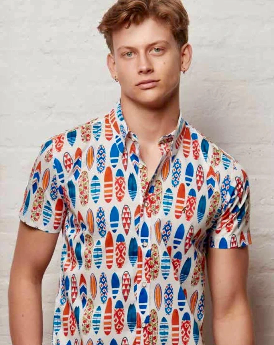 Gabicci Vintage Surf Board Print Shirt-WHITE