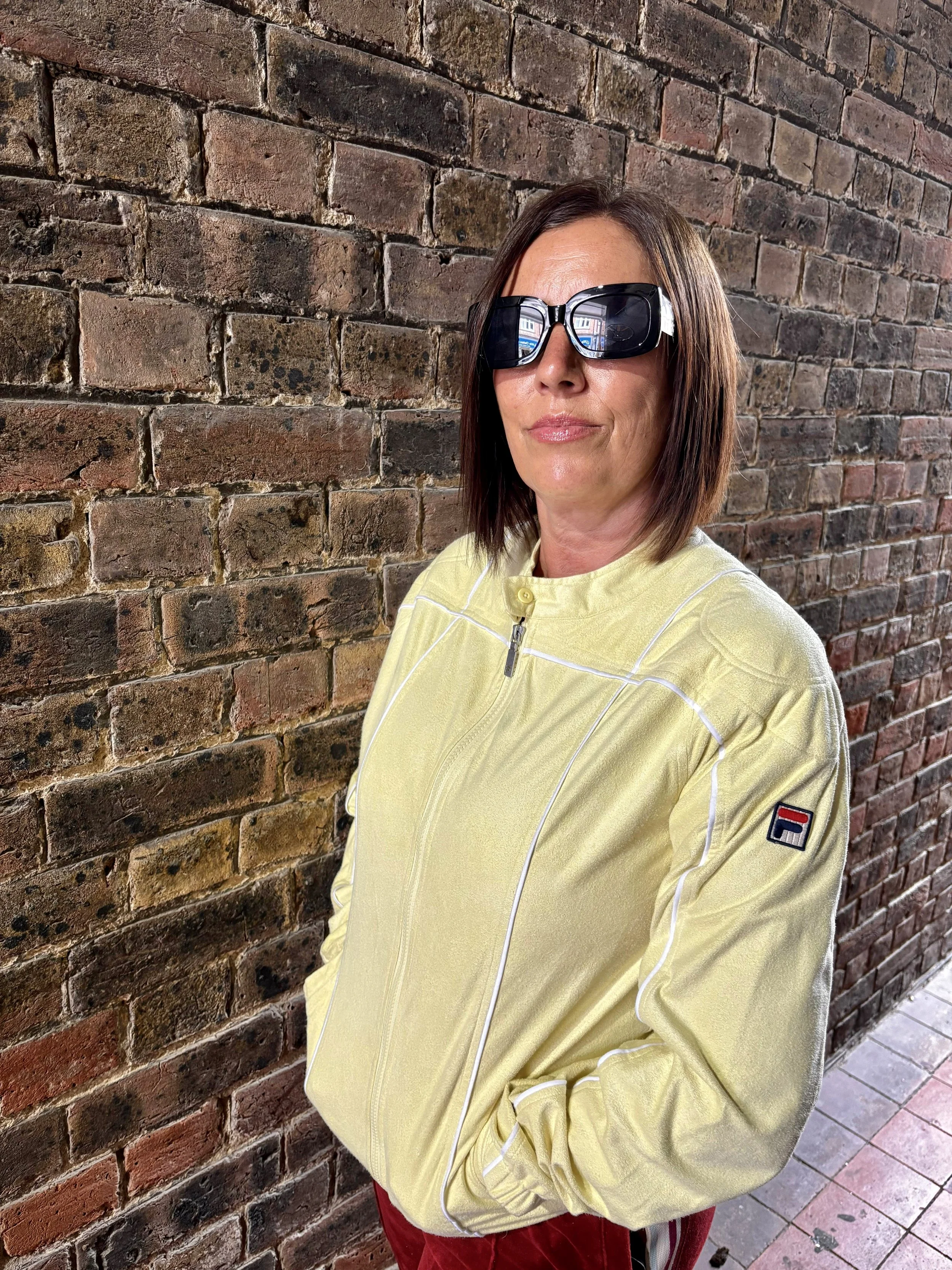 FILA VINTAGE Boyfriend Fit Biker-Neck Velour Tracktop- LEMON