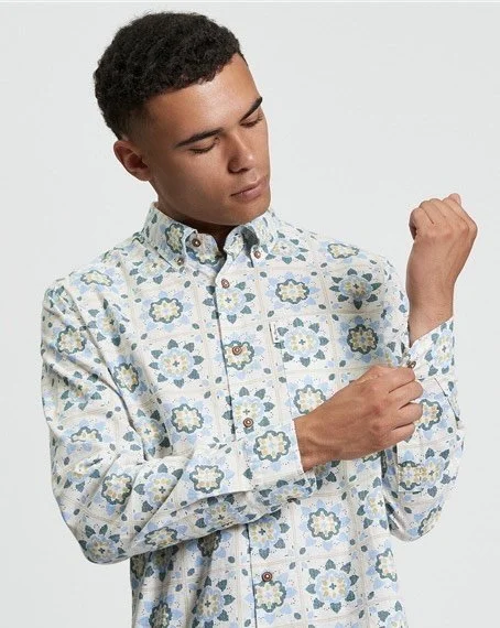 BEN SHERMAN Premium L/S Tile-Print Shirt- ECRU