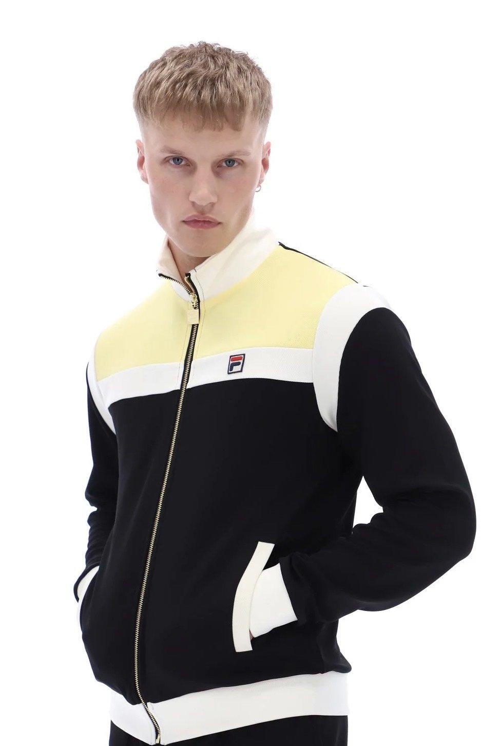 SIZE MEDIUM ONLY- FILA VINTAGE "Cruz" Colour Block Tracktop- BLACK/POPCORN