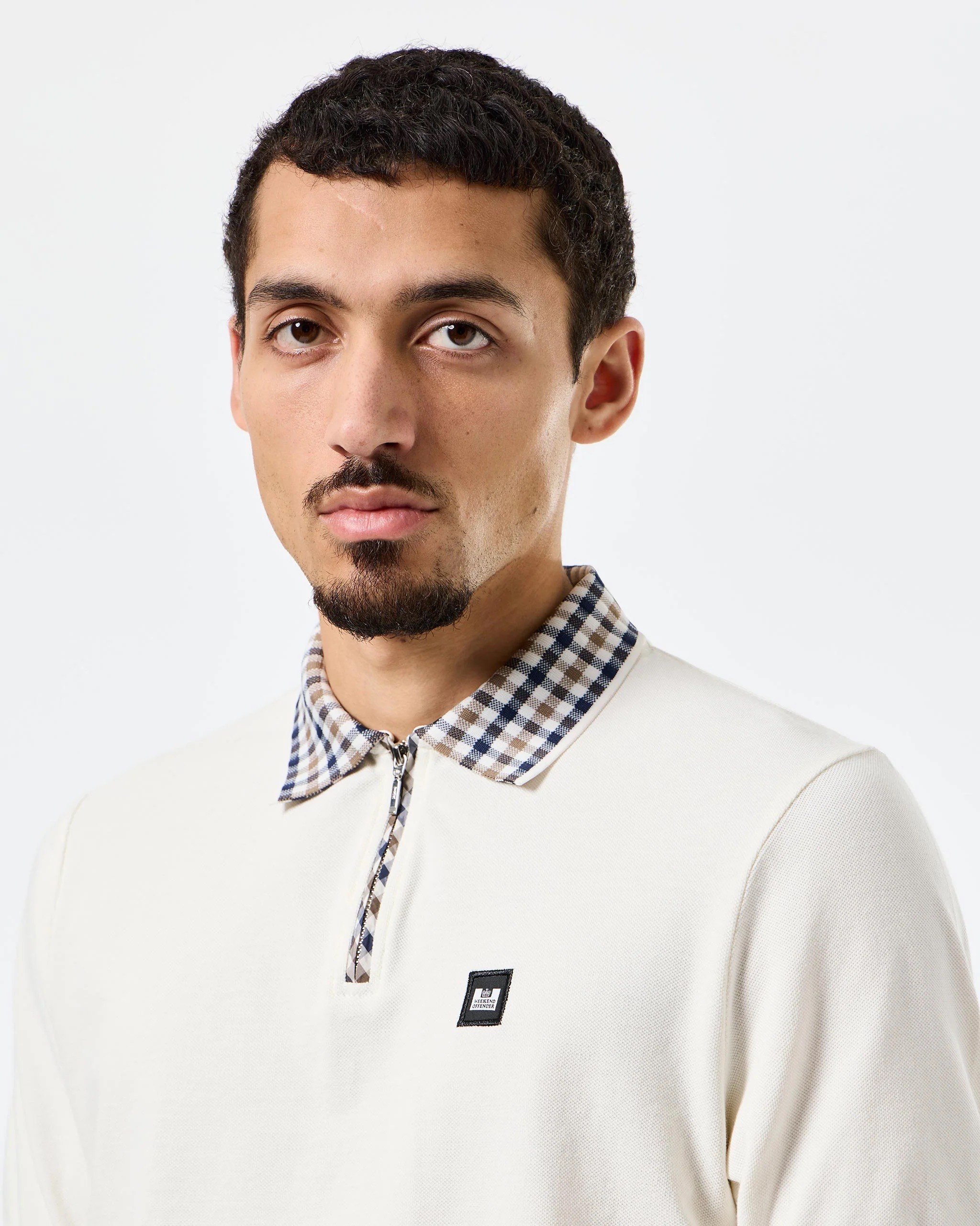 WEEKEND OFFENDER "Lachine" Check-Collar Zip Polo- GHOST