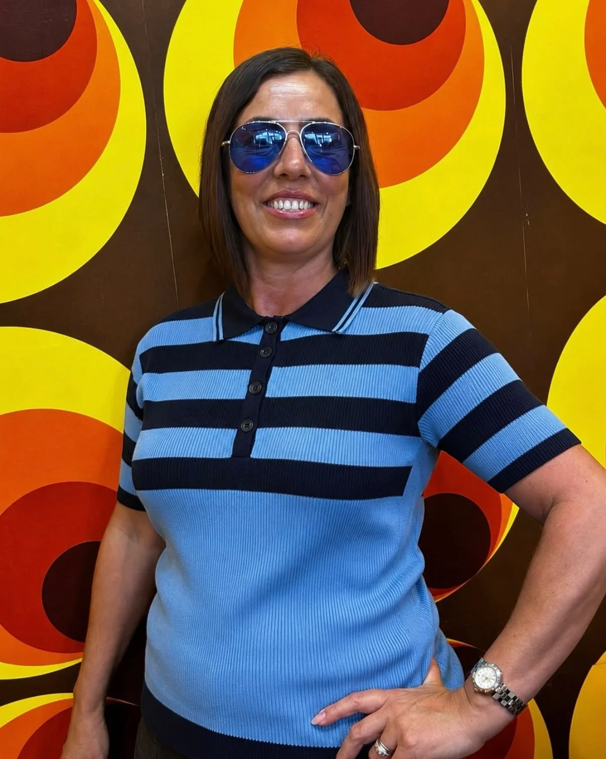 SIZE 10 & 12 ONLY-MADCAP "Miss Terry" Knitted Striped Polo- BLUE