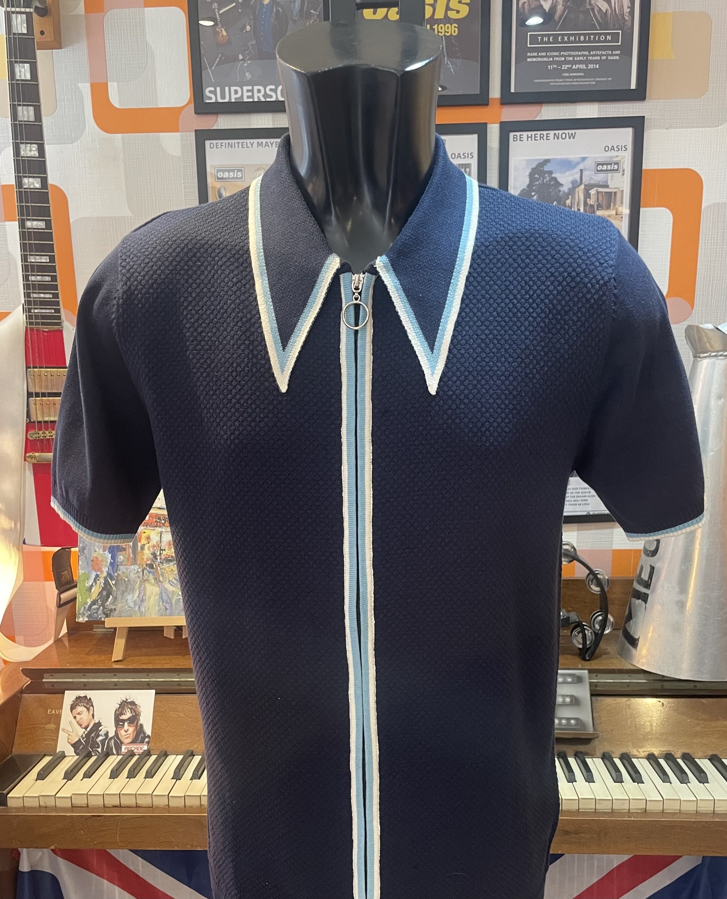 MADCAP Spearpoint Collar Zip-Thru Knit Polo- NAVY