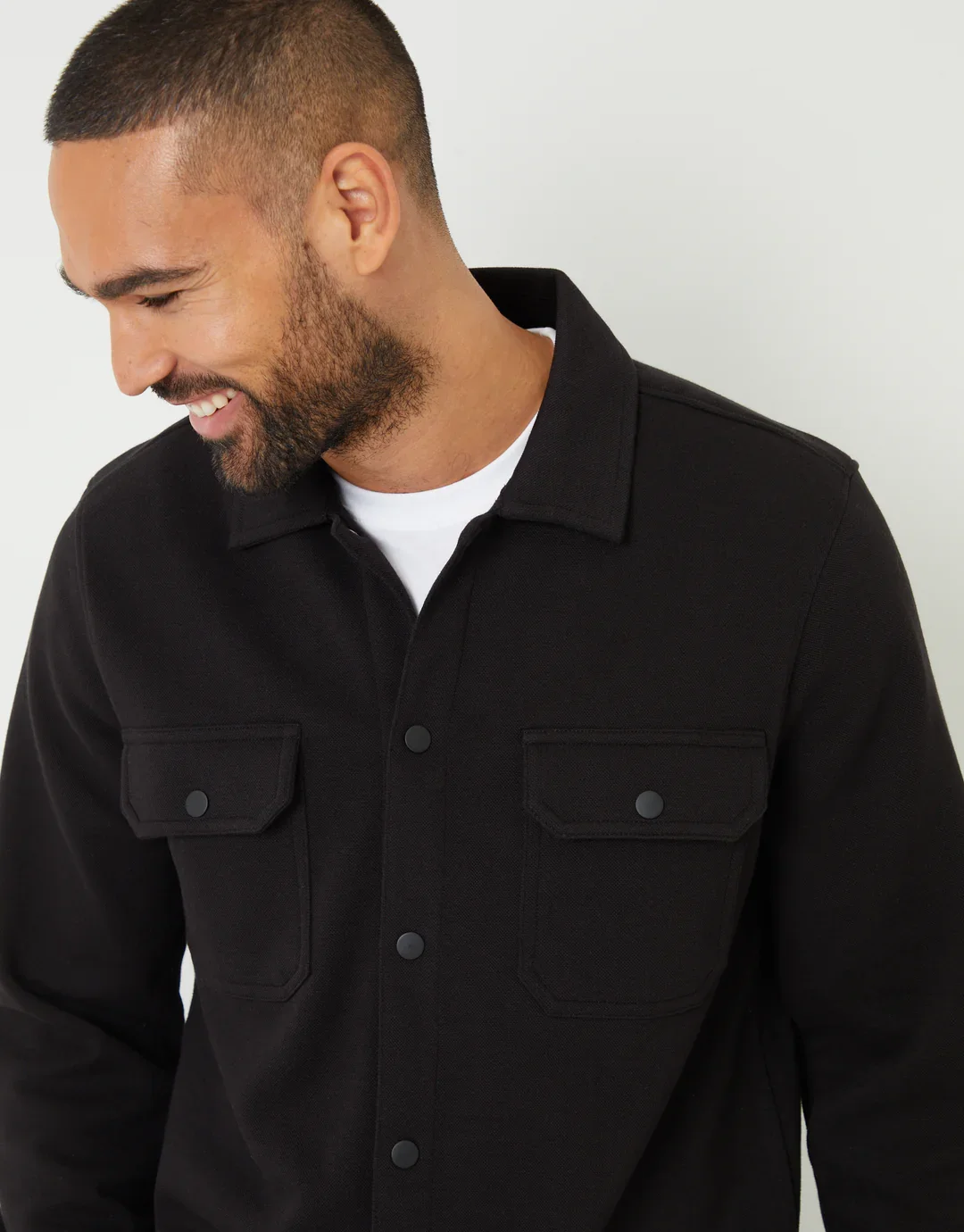 "ARCADIAN" Popper-Button Pique Shacket- BLACK