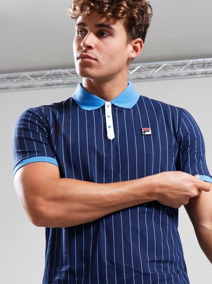 SIZE M ONLY-FILA VINTAGE "BB1" PinStripe Polo-NAVY/REGATTA