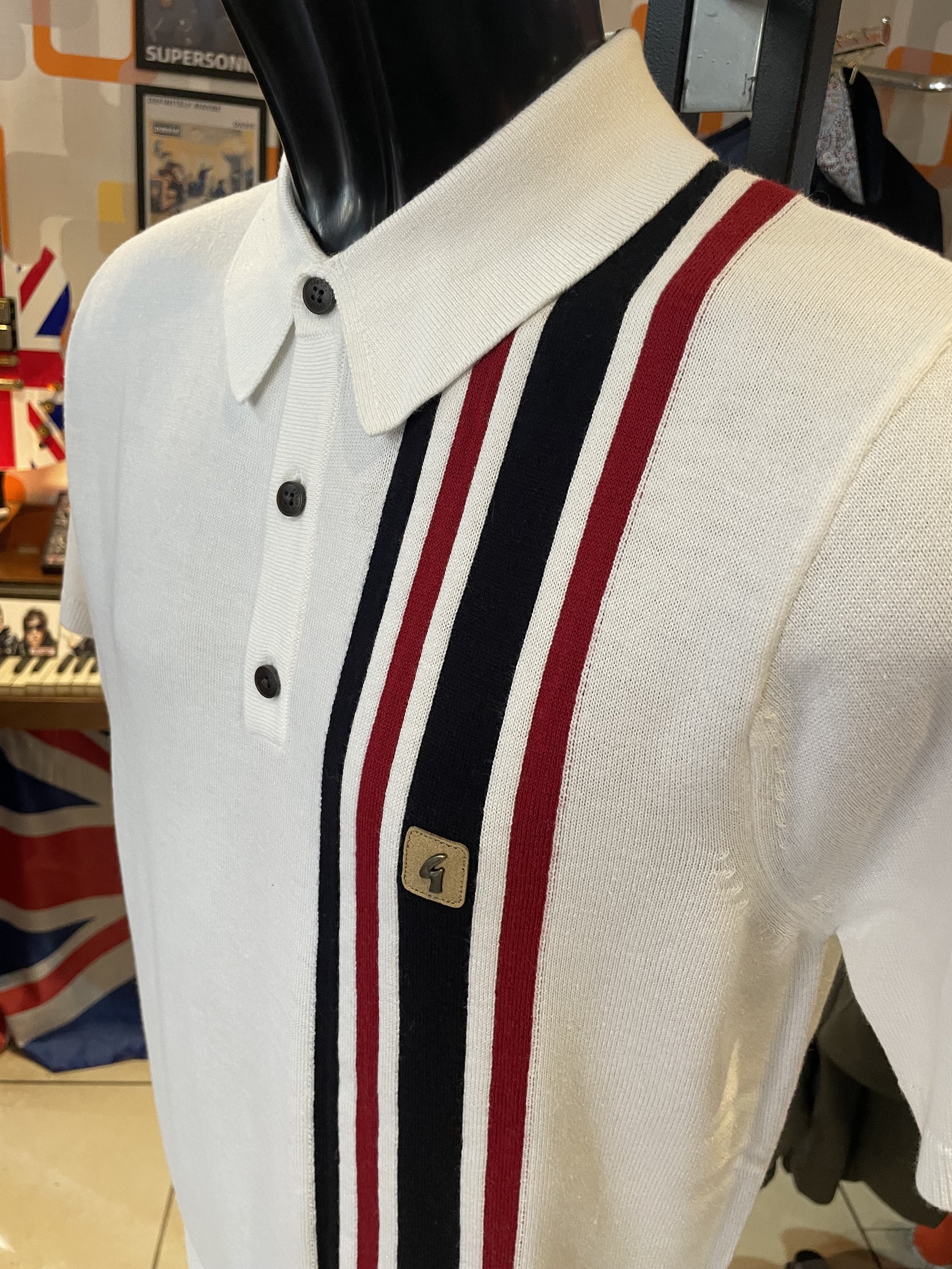 SIZE MEDIUM ONLY- GABICCI VINTAGE "Soda" Racing-Stripe Knit Polo- WHITE