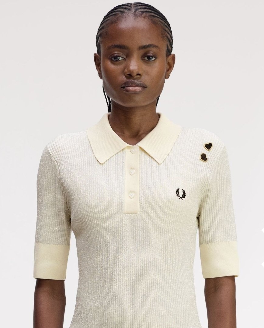 FRED PERRY Metallic Rib Knit Polo Shirt- ECRU