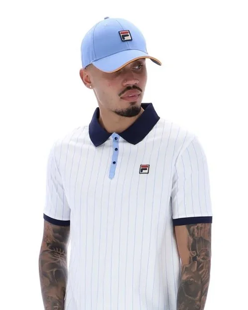 SIZE M ONLY- FILA VINTAGE "BB1" PinStripe Polo- WHITE/VISTA BLUE