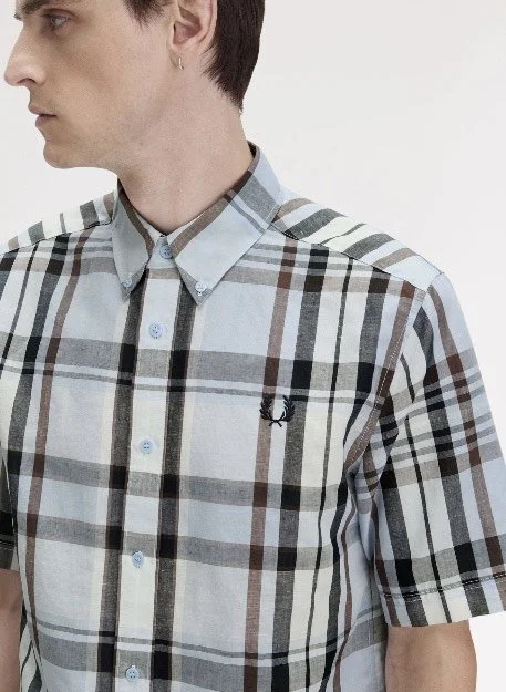 FRED PERRY Premium S/S Check Shirt- SKY/BROWN
