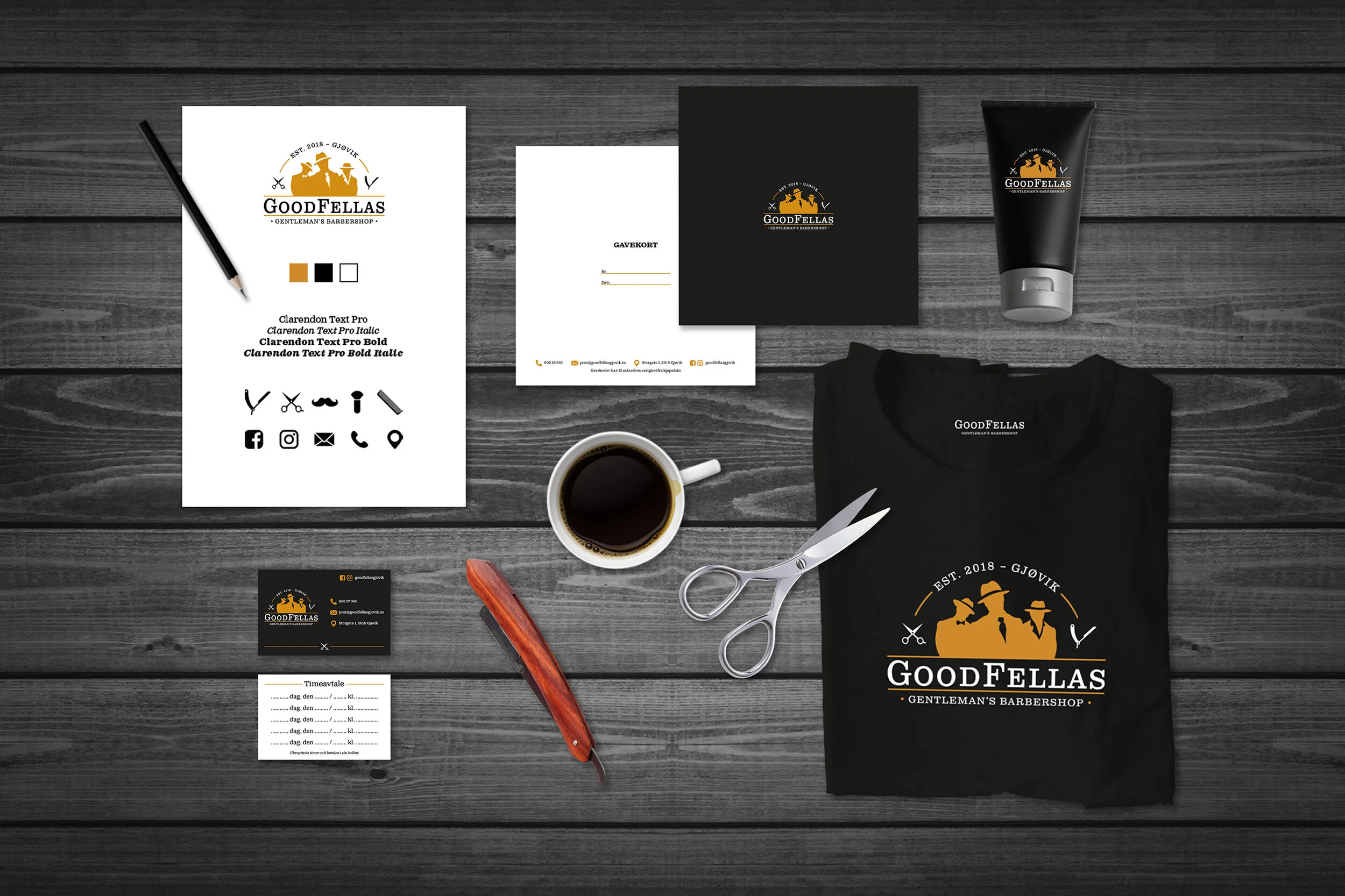 Logo & branding for GoodFellas Gentleman's Barbershop – a local barber shop located in Gjøvik, Norway. Created on behalf of Profil Grafisk AS (2018).