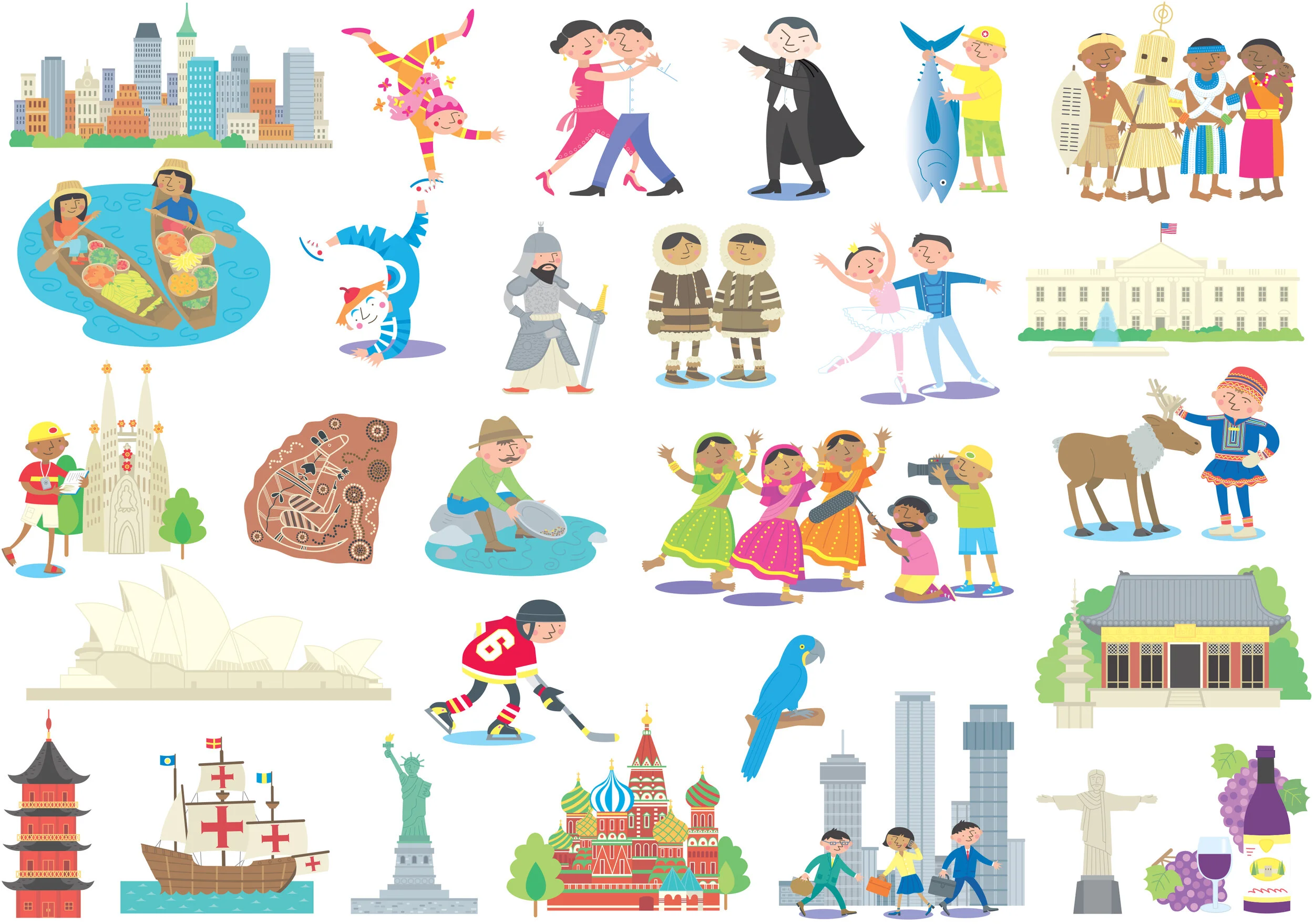 Various icons, buildings and people from the Atlas series