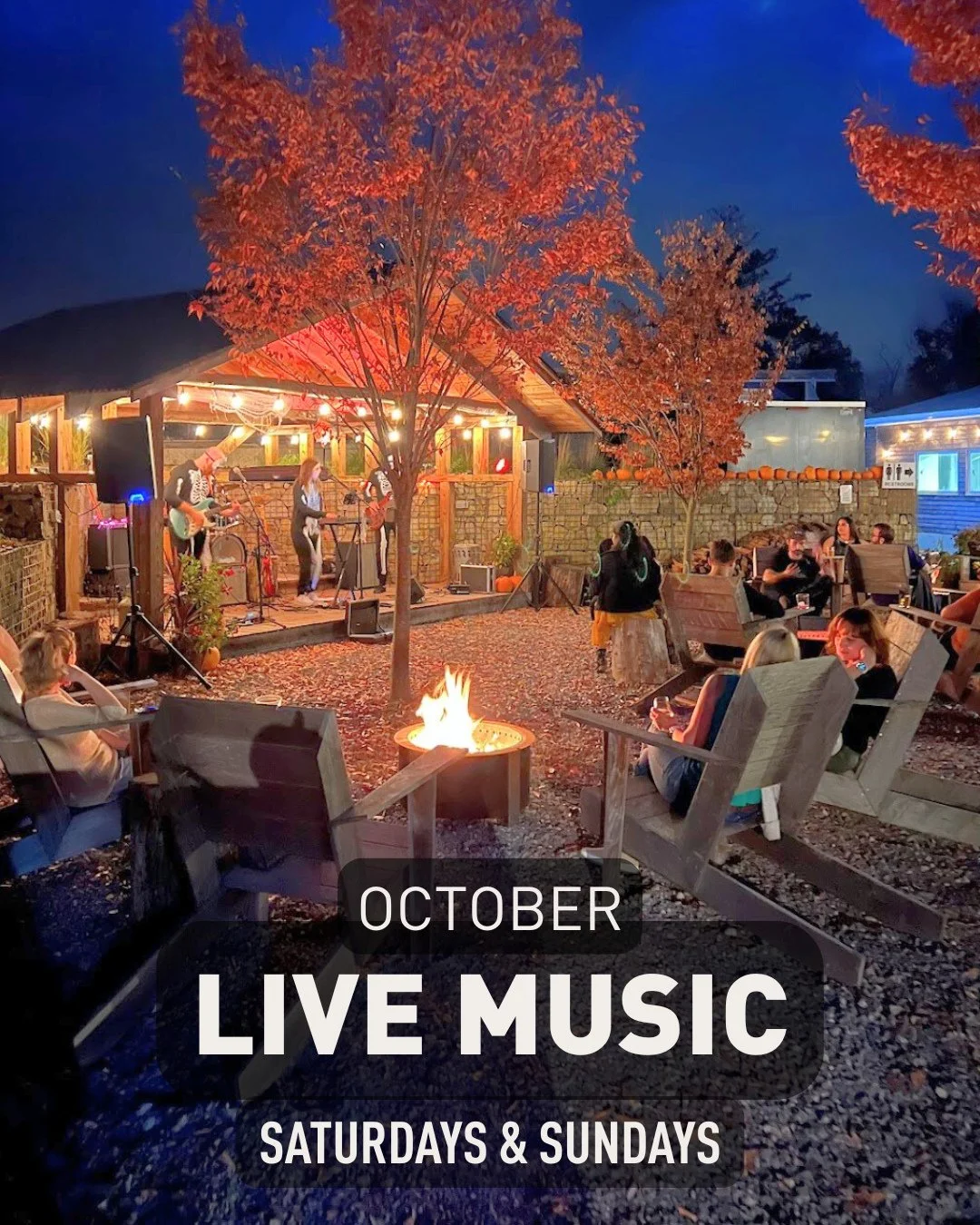 This October, catch live music on the Courtyard Stage every Saturday &amp; Sunday, no reservation needed! Cozy around the fire pits, sip a Pumpkin Spice hard cider, and enjoy a crisp lineup of local bands 🎶 ⁠
⁠
October Lineup: ⁠
10/4 The VosTones⁠
1
