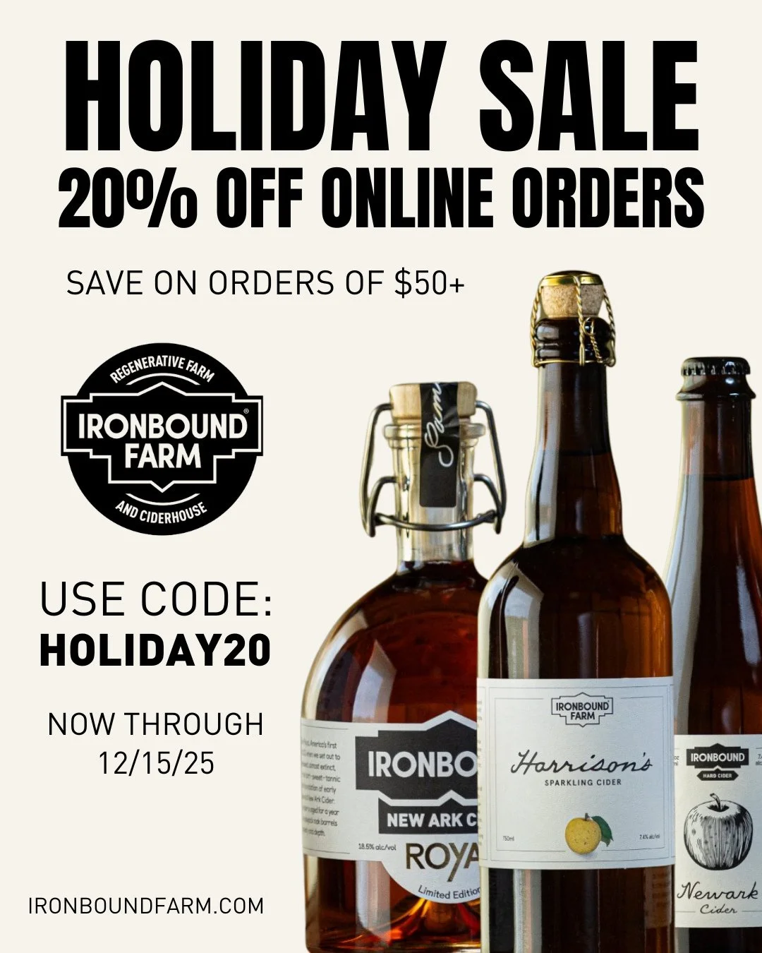 CIDER SAVINGS FOR THE FANS! ⁠
⁠
Now through December 15, 2025, take 20% off your ONLINE orders of $50+ when you use code: HOLIDAY20⁠
⁠
Did you know we ship our hard cider, wine and hard seltzers nationwide? Now's the perfect time to share your favori