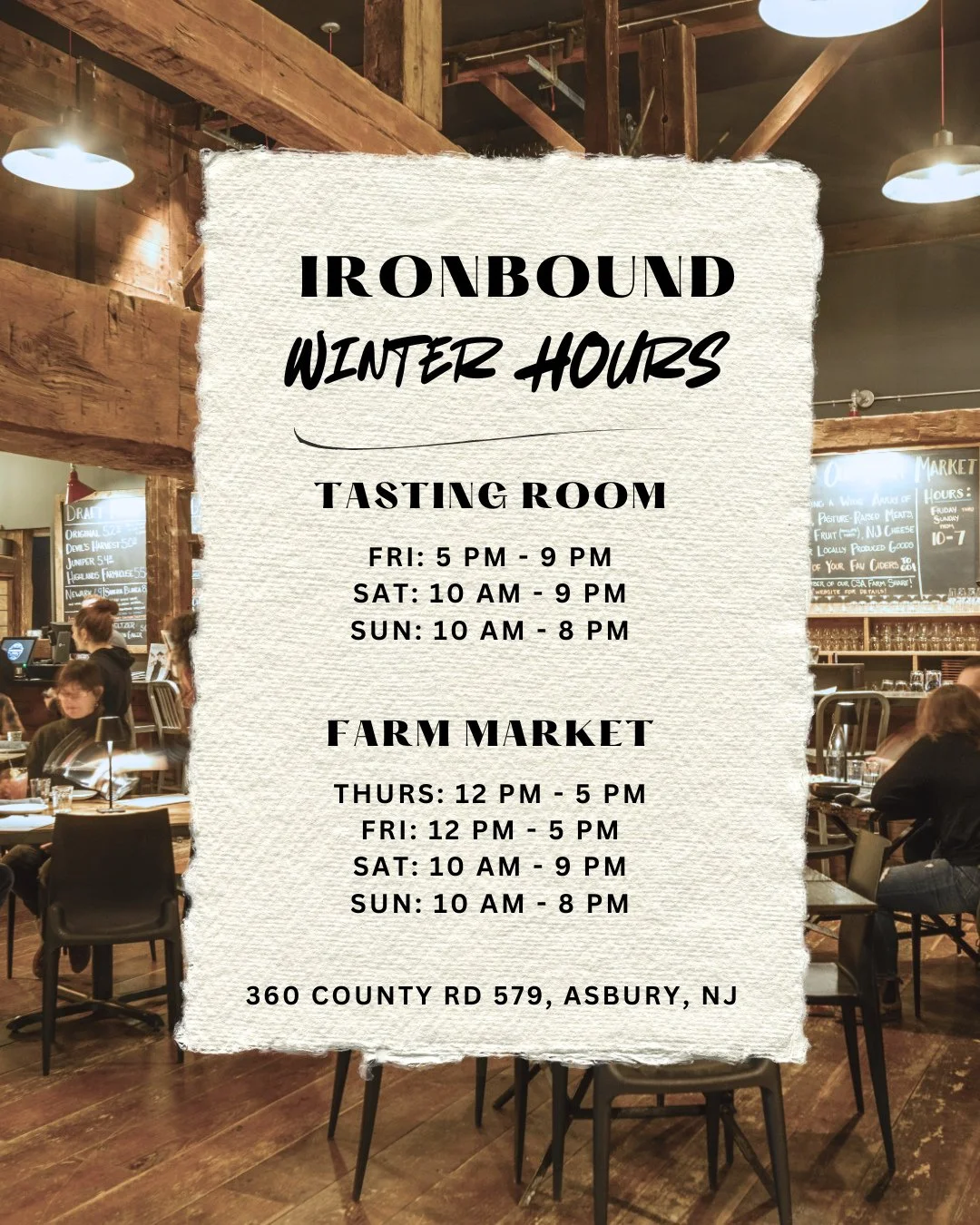 Bundle up, folks, our winter hours are here ❄️⁠
⁠
🍻 Tasting Room:⁠
Closed Thursdays ⁠
Open Friday&ndash;Sunday⁠
⁠
🥔 On-Site Farm Market:⁠
Open Thursday&ndash;Sunday⁠
⁠
Weekends at Ironbound:⁠
Live Music &amp; Brunch every Saturday &amp; Sunday⁠
A b