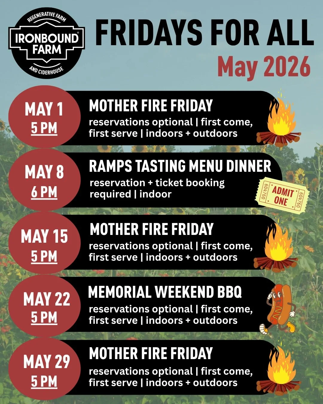 With spring in full bloom, our Tasting Room is now open on Friday evenings! Mother Fire Fridays with wood-fire grilled specials begin at 5PM: book a table indoors or visit our walk-up bar for outdoor service. 

Our first ticketed dinner of the year w