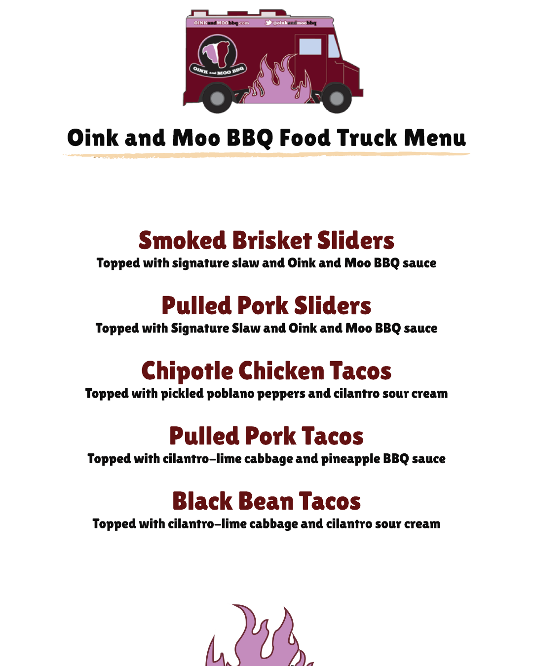 Friday, October 9 Oink & Moo food truck menu at Ironbound Farm