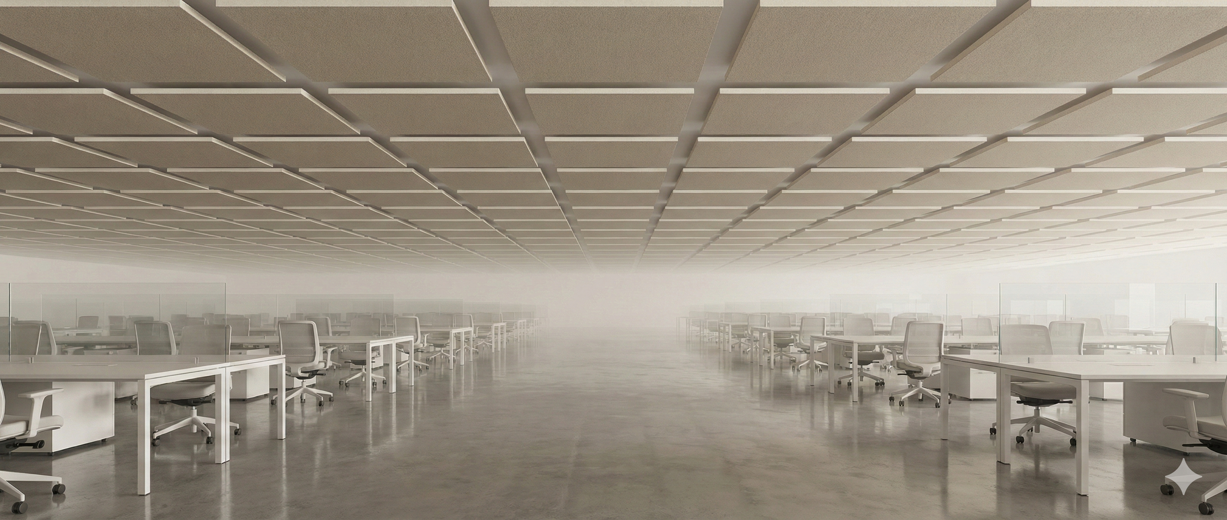 AI image of infinite Room with Acoustic Panels on the ceiling and desks either side