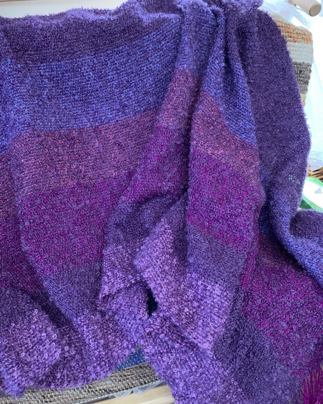 Mohair boucle shawl (18c) Handwoven #shawl # wrap #west coast of Scotland #islandweaving #sold through Oran Crafts Cooperative Iona. #grape #mauve #foxglove #cardinal #lilac #soft #light #good traveller.