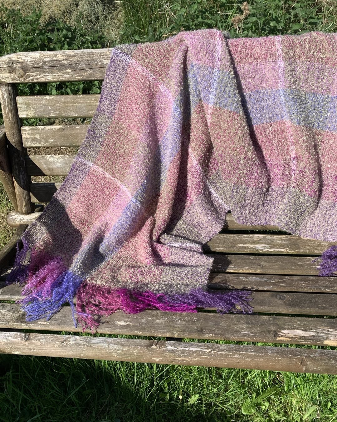 The latest shawl. Light summer pastel colours in the mohair boucle range. Handmade on Iona and sold at Oran Crafts shop opposite the Columba Hotel.