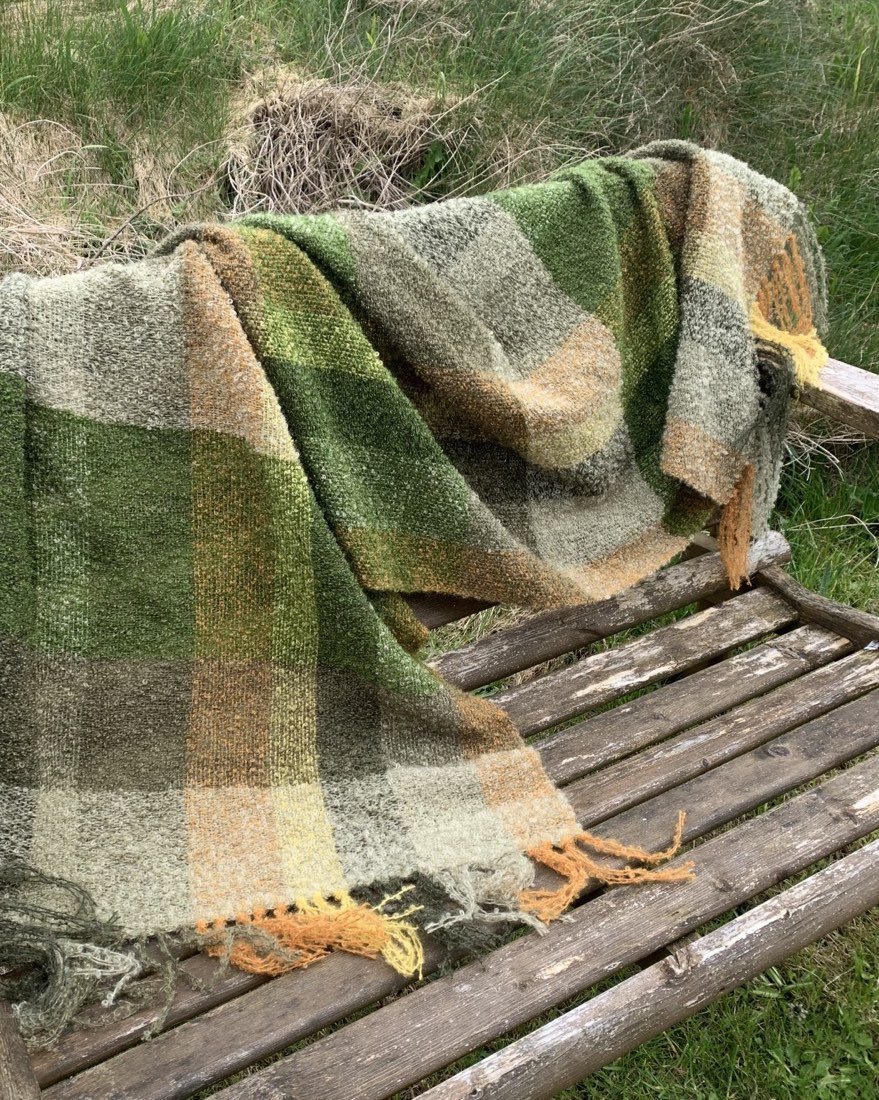 Mohair Boucle Shawl  handmade on Iona. Earthy colours on this Full Moon day. Moss #ochre # lemon #light olive . With a weft of lightolive #olive and Rowan.