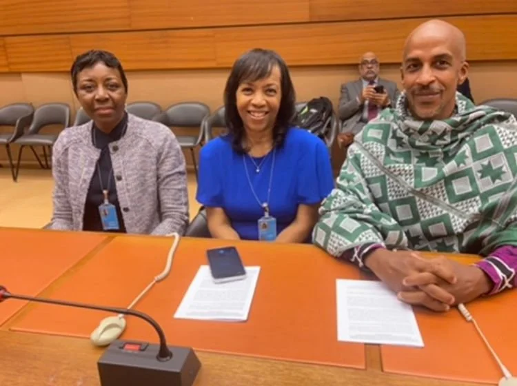  President of the  Afrodescendant Nation ,  Dr. Akilah Mukarram  and Ambassador Dr. Tauheedah Bronner, with Siphiwe Baleka at the Third Session of the UN Permanent Forum on People of African Descent in Geneva, Switzerland 2024 