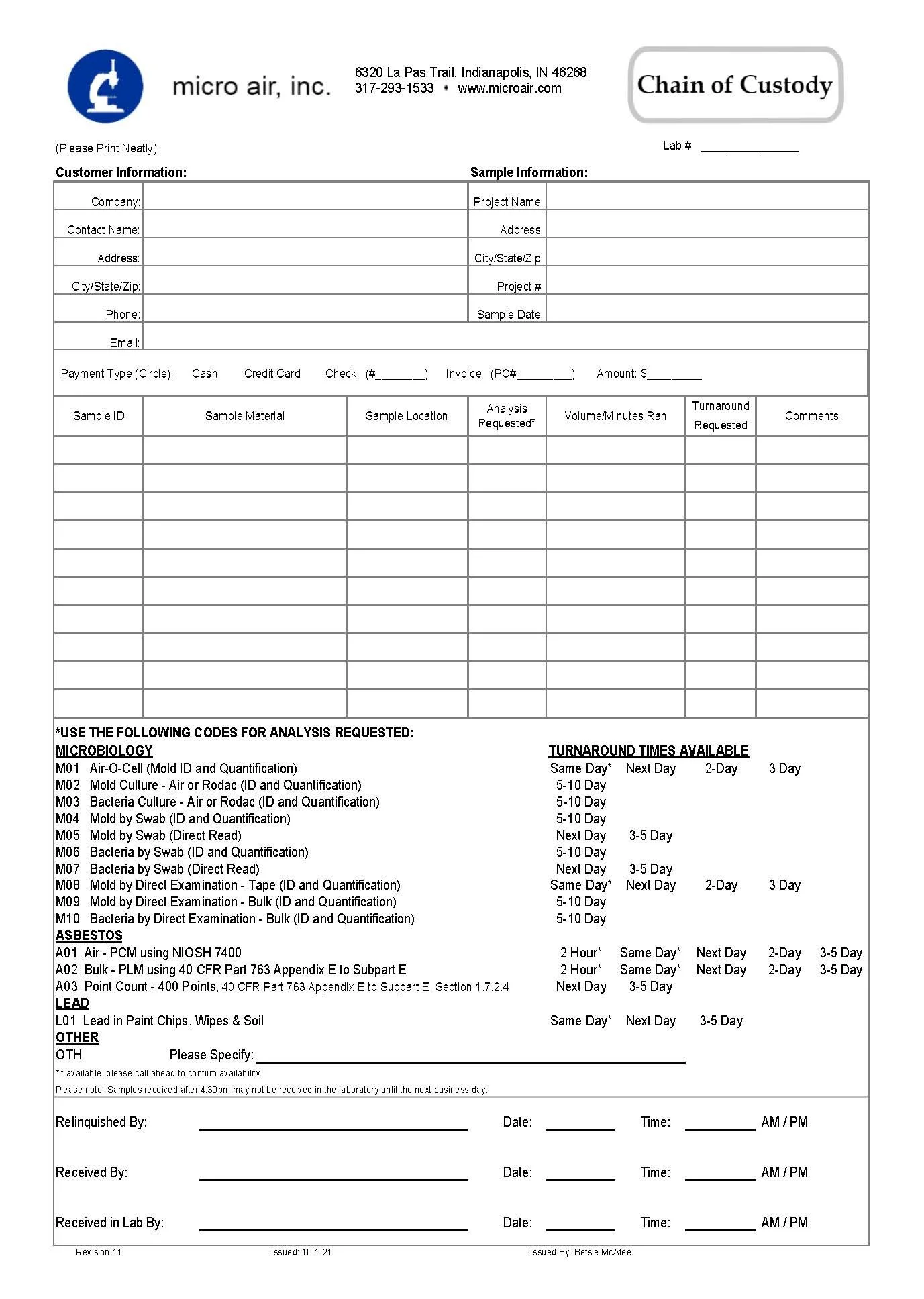 Asbestos and Mold Chain of Custody