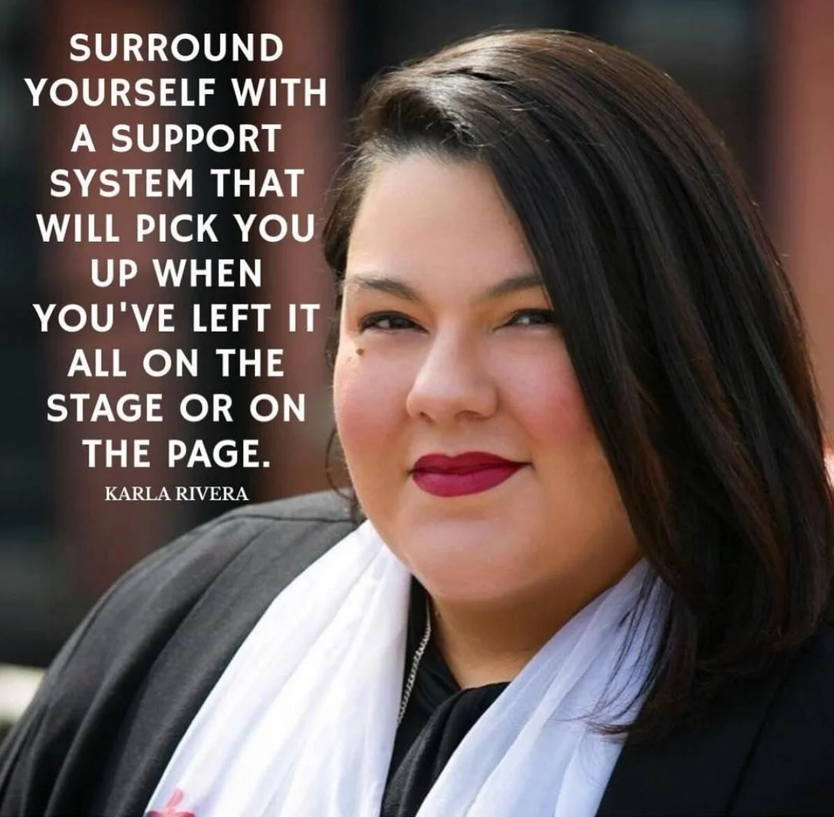 Portrait of Karla Rivera with a quote about support systems overlayed on the left side of the image.