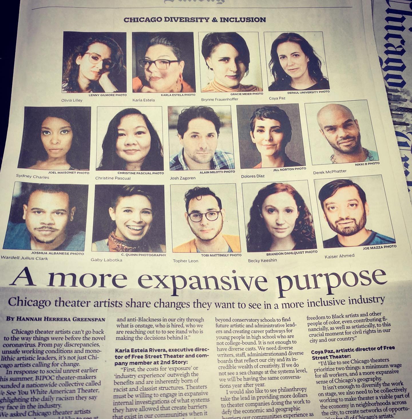 Page from a magazine or newspaper featuring headshots of diverse theater artists in a grid, with a headline about Chicago theater artists sharing their vision for an inclusive industry.