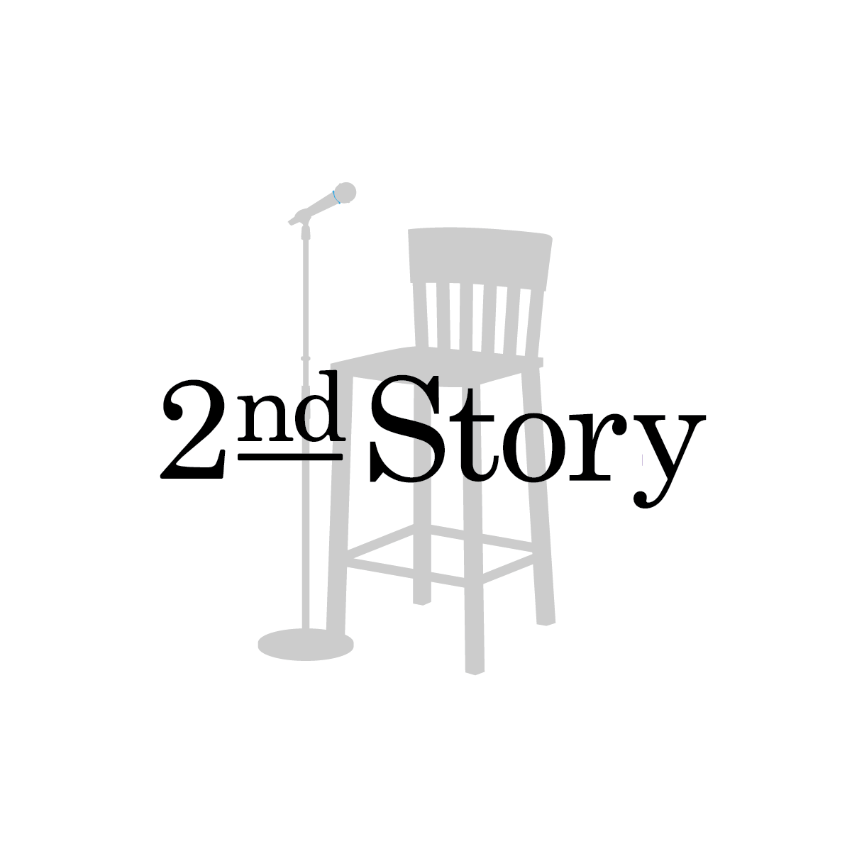 Black circle with a grey chalkboard-style chair and microphone, and bold text that reads '2nd Story'.