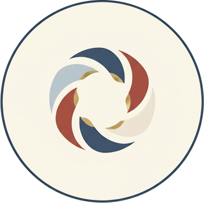 A circular logo with a swirling pattern of six curved shapes in red, white, navy blue, gray, and gold, arranged in a symmetrical, rotating design.