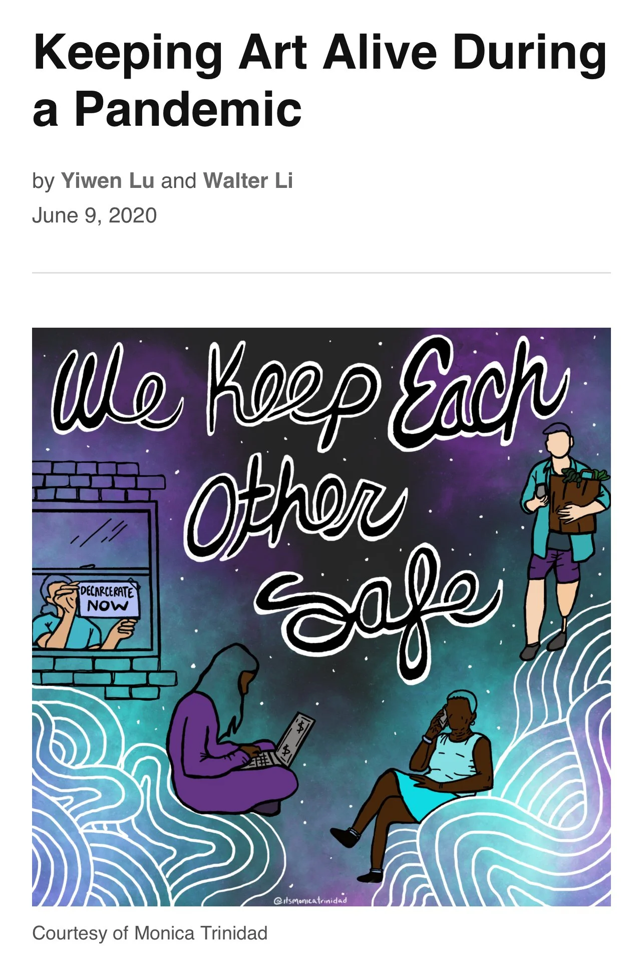 Digital illustration showing the message 'We Keep Each Other Safe' with diverse individuals wearing masks, separated by stylized wavy lines, against a starry galaxy background. Contains a window with a person holding a sign that says 'Decarcerate Now.'