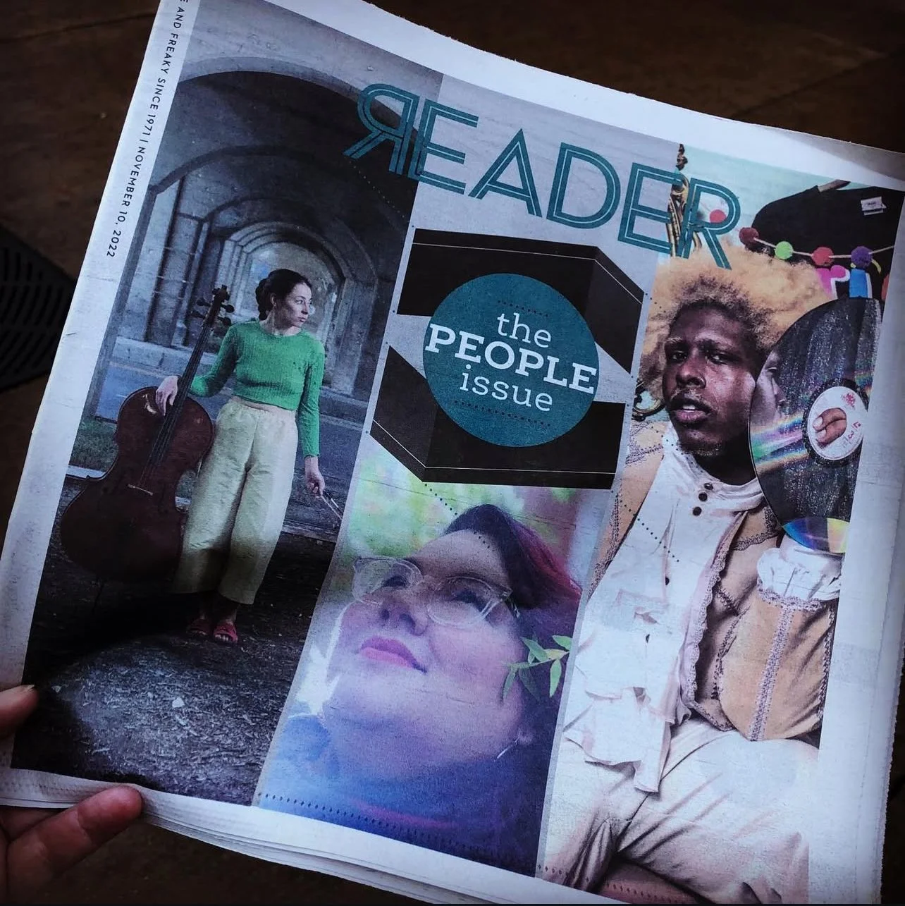 A newspaper page featuring a music-themed article titled 'the PEOPLE issue.' There are three photos: a woman with short hair in a green sweater holding a cello, a woman with glasses and purple hair looking upward, and a man with blonde hair holding a vinyl record. The background includes architectural arches and colorful decorations.