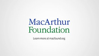 Logo of MacArthur Foundation with blue and green text on a white background.