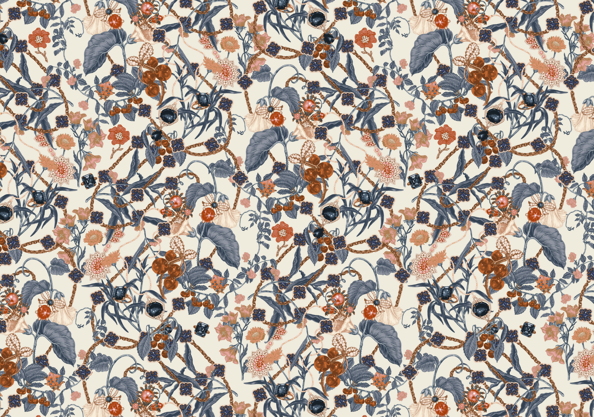 motif floral toile de jouy drawing dessin couleur art and craft original deco decorative art direction bijoux perle diamants joallerie jewelry diamant diamond creation