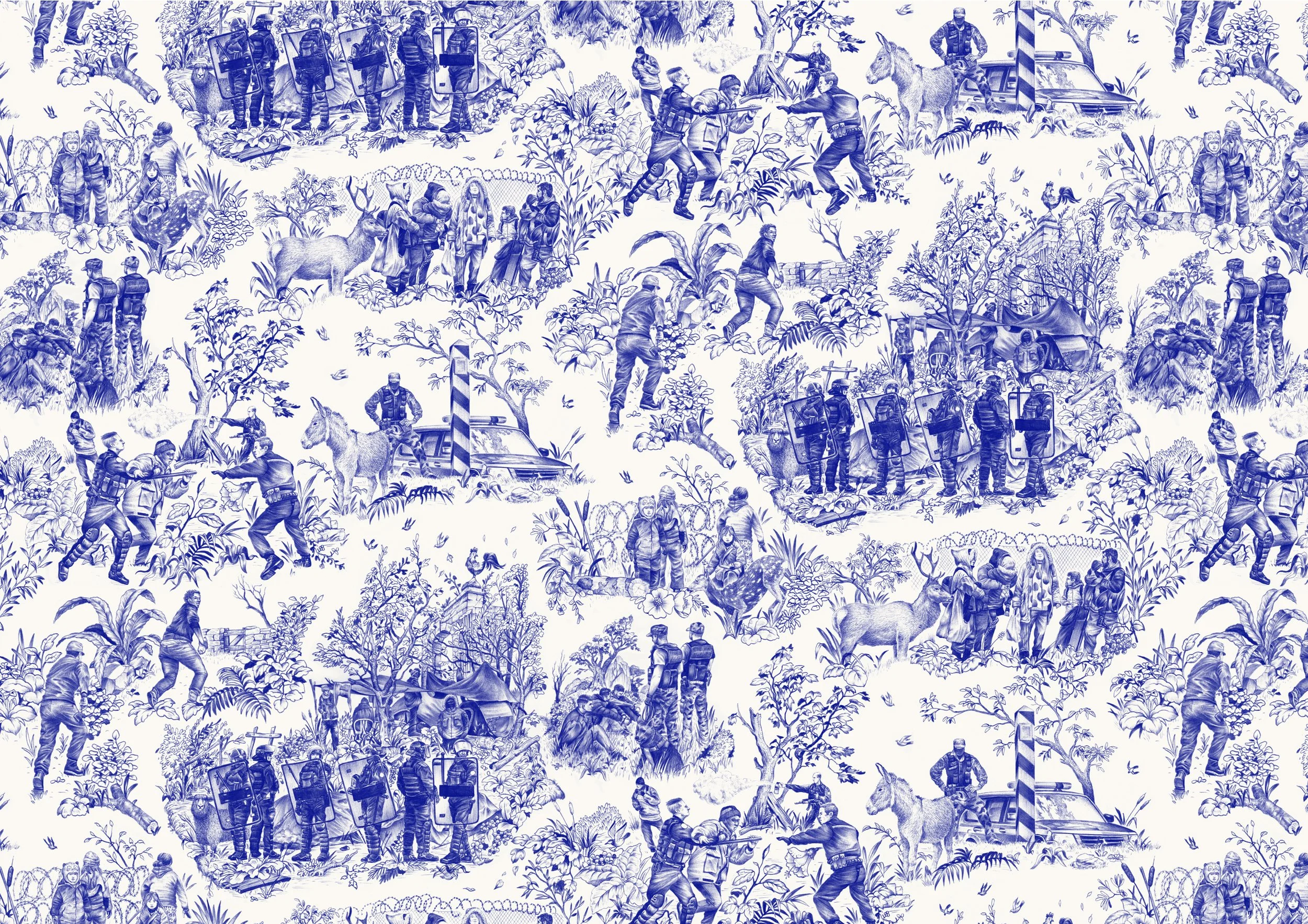 illustration shane hello toile de jouy political speak out migrants double lecture tiroirs engagé ballpoint image epinal violence policiere cry tentes