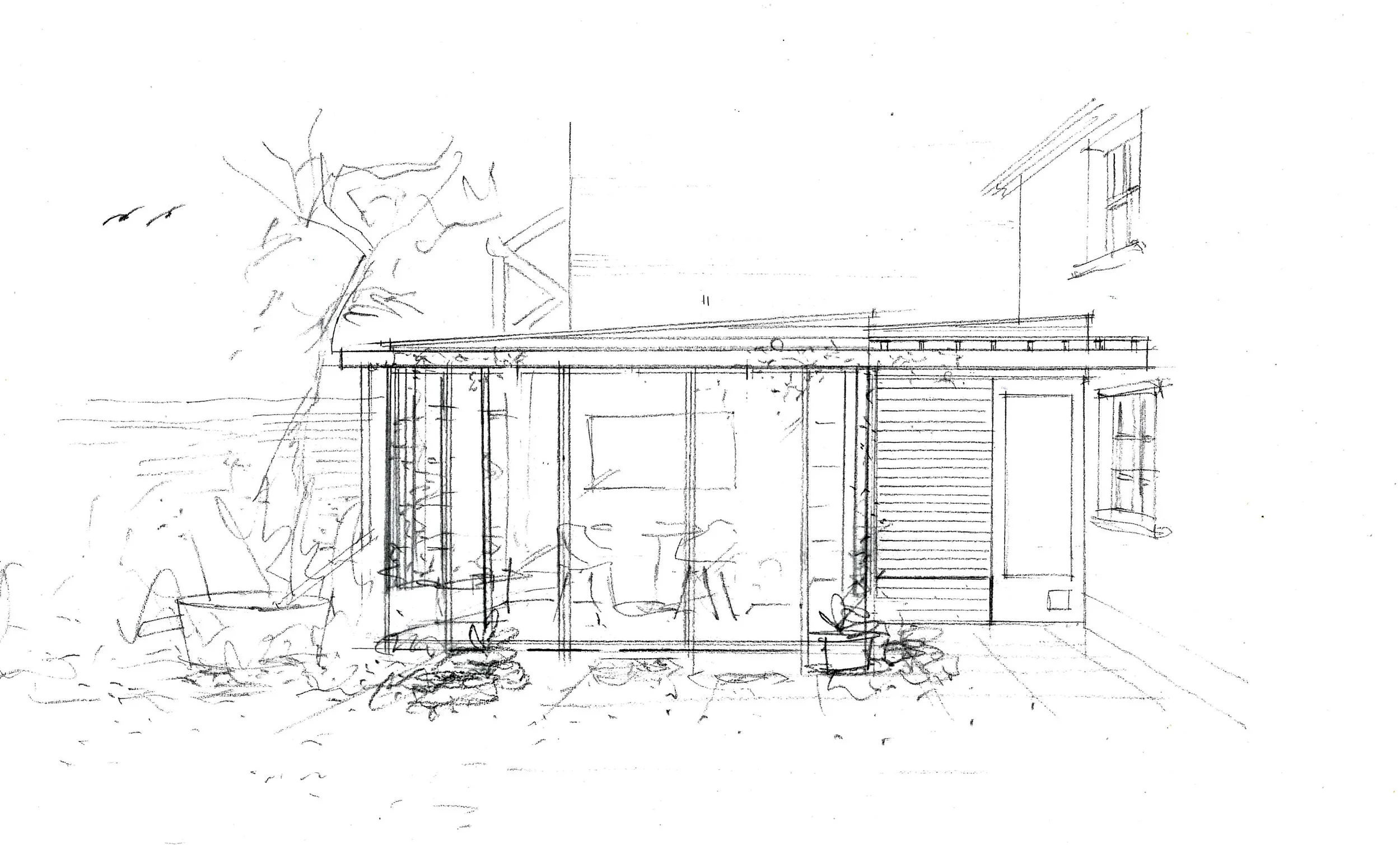 Sketch ideas by architects in London for garden pavilion. Ideas for rear extension in London.