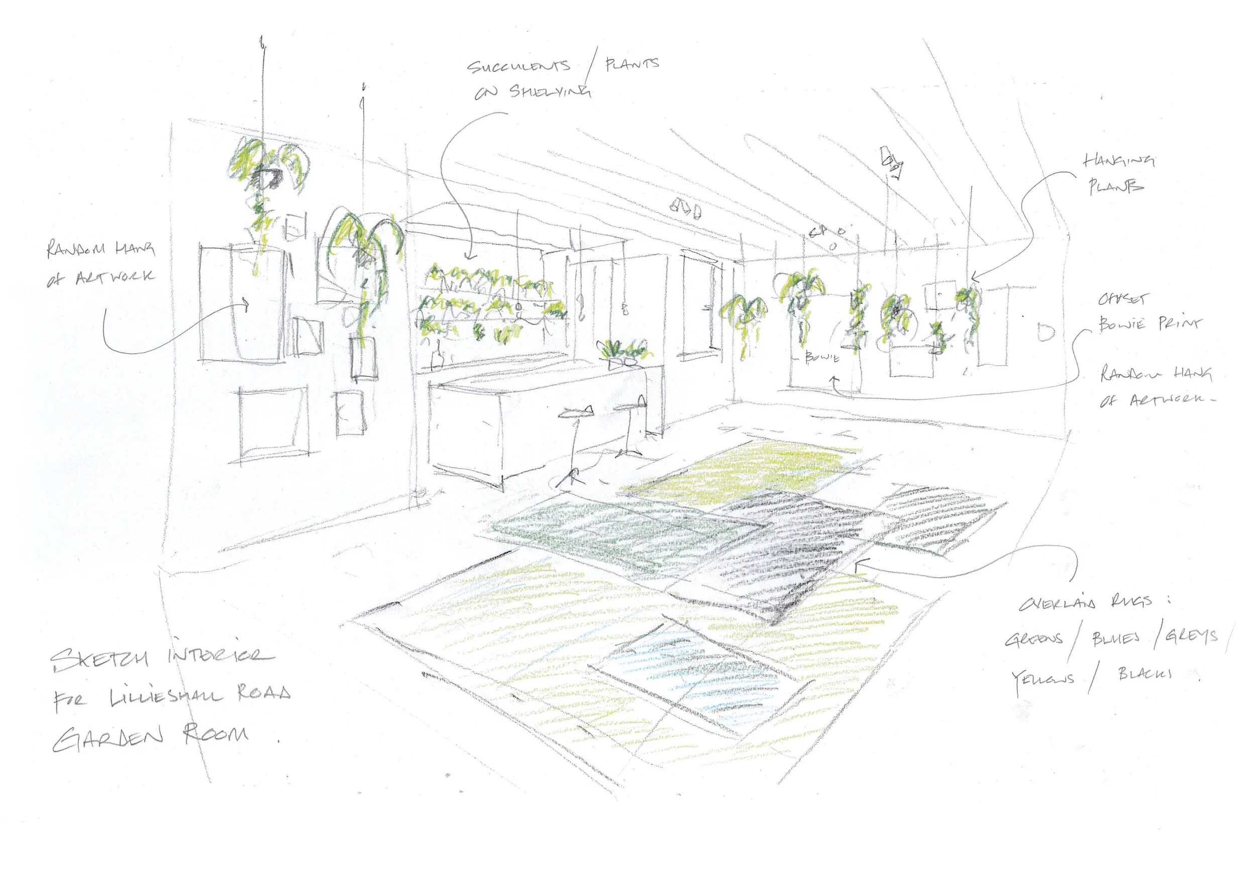 Sketch as design ideas for London home for interior design and use of timber.