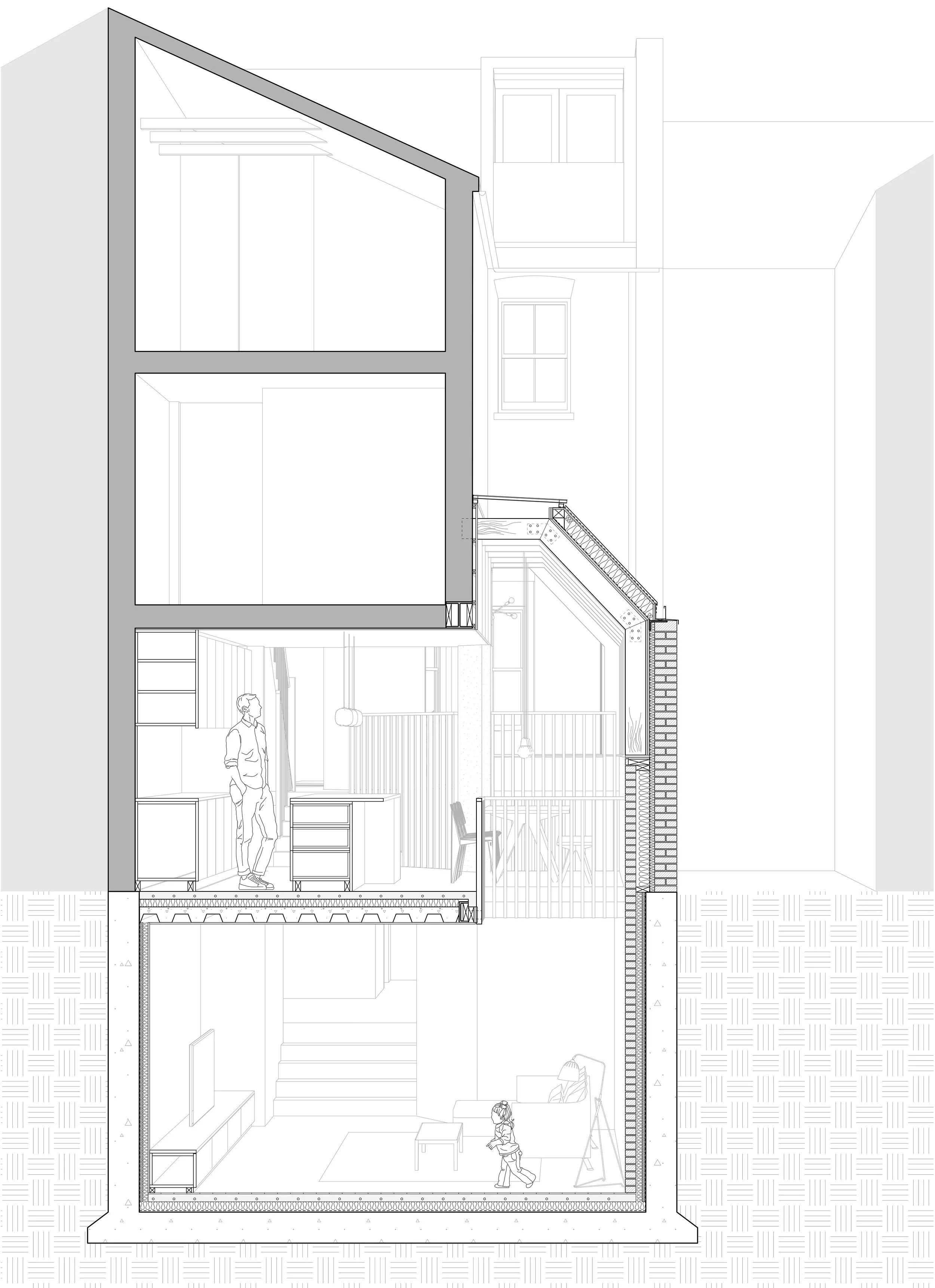 Sketch of rear extention. Double storey extension in Wimbledon, London. Sliding doors feature in the design for rear extension ideas.